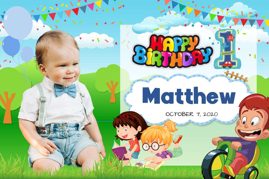 1st Birthday Banner with Cartoon Background - Kids Having Fun Theme
