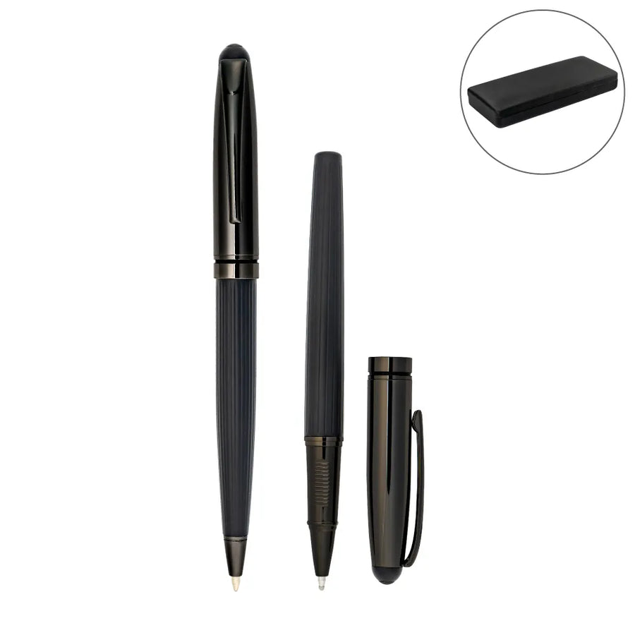 Metal Pens – Black Metal Pen Set with Matte & Glossy Finish in PU Leather Box | Custom Packaging Printing | Free Design Support | Yalla Printing UAE