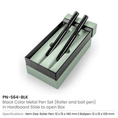 Black Metal Pen Set With Matte Finish In Hardboard Slide To Open Box