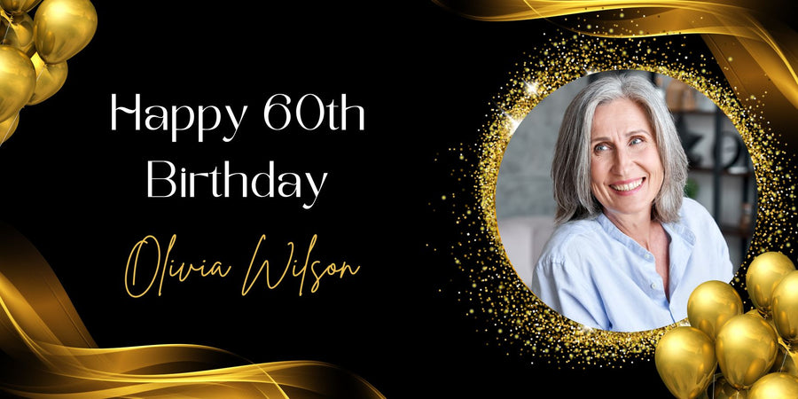 Black Gold Customizable Happy Birthday Banner on PVC Flex - Personalized with Your Photo, Name, & Age