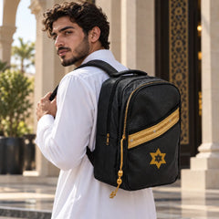 Custom Printed Backpack in PU Leather with Arabic Traditional Gold Bisht Design