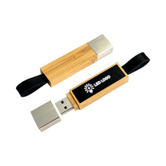 Custom Printed Bamboo LED Logo USB With Strap 64Gb V. 3.0 - Bamboo | Logo Branding Corporate Gift | UAE Delivery | Yalla Printing UAE