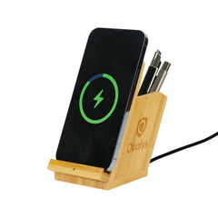 Custom Printed Bamboo Pen Holder With 15W Fast Wireless Charger - Bamboo | Logo Branding Corporate Gift | UAE Delivery | Yalla Printing UAE