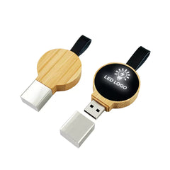 Custom Printed Bamboo Round LED Logo USB With Strap 64Gb V. 3.0 - Bamboo | Logo Branding Corporate Gift | UAE Delivery | Yalla Printing UAE