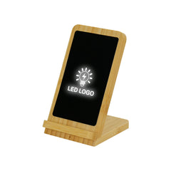 Custom Printed Bamboo Fast Wireless Charger Stand 15W With LED Logo - Bamboo | Logo Branding Corporate Gift | UAE Delivery | Yalla Printing UAE