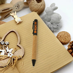 Custom Printed Eco - Friendly Metal Pens Black With Cork Barrel And Black Ink - Stainless Steel | Logo Branding Corporate Gift | UAE Delivery | Yalla Printing UAE