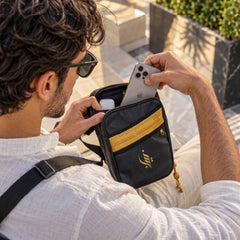Custom Printed Crossbody Bag in PU Leather with Arabic Traditional Gold Bisht Design