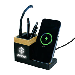 Custom Printed Bamboo Pen Holder With 15W Wireless Charger & LED Logo - Bamboo | Exhibitions, Conferences, Corporate Events | Yalla Printing UAE