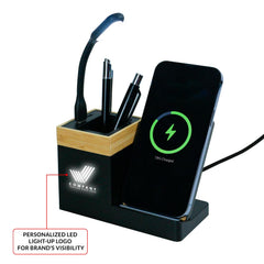 Custom Printed Bamboo Pen Holder With 15W Wireless Charger & LED Logo - Bamboo | Exhibitions, Conferences, Corporate Events | Yalla Printing UAE