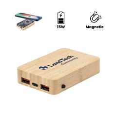Custom Printed Magnetic Fast Wireless Powerbank 15W In Bamboo Casing - Bamboo | Logo Branding Corporate Gift | UAE Delivery | Yalla Printing UAE