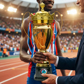 Metal Close Cup Trophies with Two-Sided Handle & Attached Ribbons