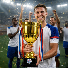 Metal Cup Trophies With Removable Ribbon Attached To Both Handles