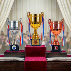 Metal Cup Trophies With Removable Ribbon Attached To Both Handles