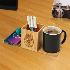 Custom Printed Foldable Bamboo Fast Wireless Charging Pad 15W With Mug Warmer And Pen Holder - Bamboo | Logo Branding Corporate Gift | UAE Delivery | Yalla Printing UAE