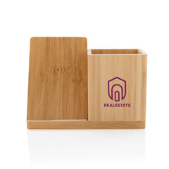 Bamboo Pen Holder with 10W Wireless Charger | Corporate Tech Gift – Yalla Printing UAE