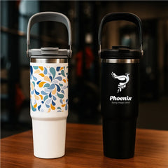 Custom Printed Tumbler With Handle And Straw Ss Double Wall 900Ml - Stainless Steel | Logo Branding Corporate Gift | UAE Delivery | Yalla Printing UAE