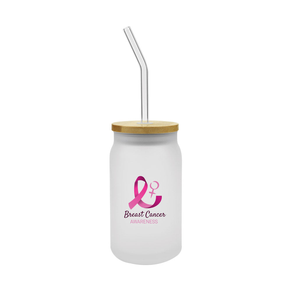 Custom Printed Glass Bottle With Straw And Breast Cancer Awareness Logo | Logo Branding Corporate Gift | UAE Delivery | Yalla Printing UAE