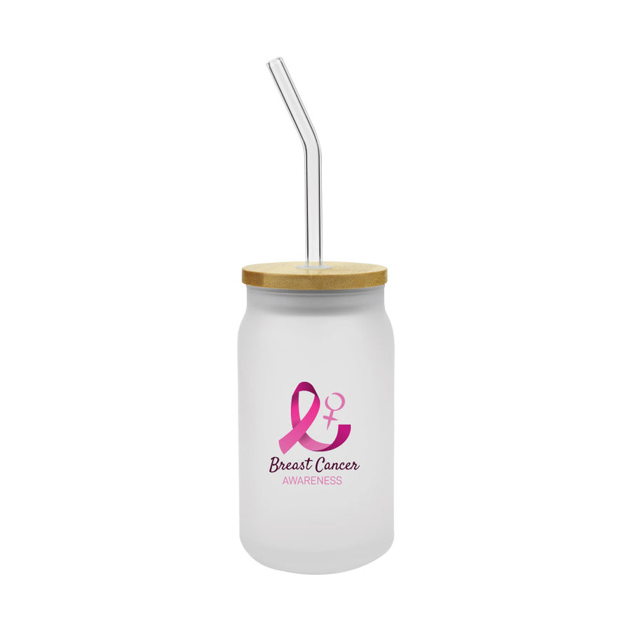 Glass Bottle with Straw and Breast Cancer Awareness Logo – Yalla Printing UAE