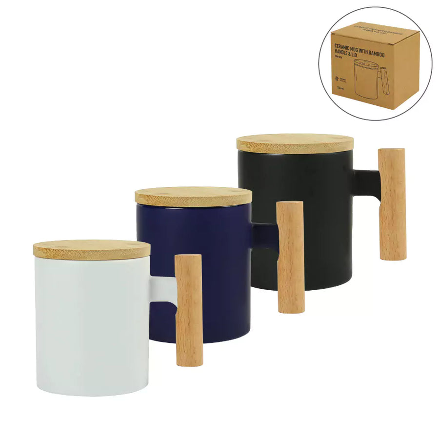 Ceramic Coffee Mugs With Bamboo Handle And Lid 380ml