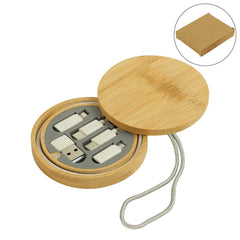 Custom Printed Multi - Charging Cable Set In Round Bamboo Case - Bamboo | Exhibitions, Conferences, Corporate Events | Yalla Printing UAE
