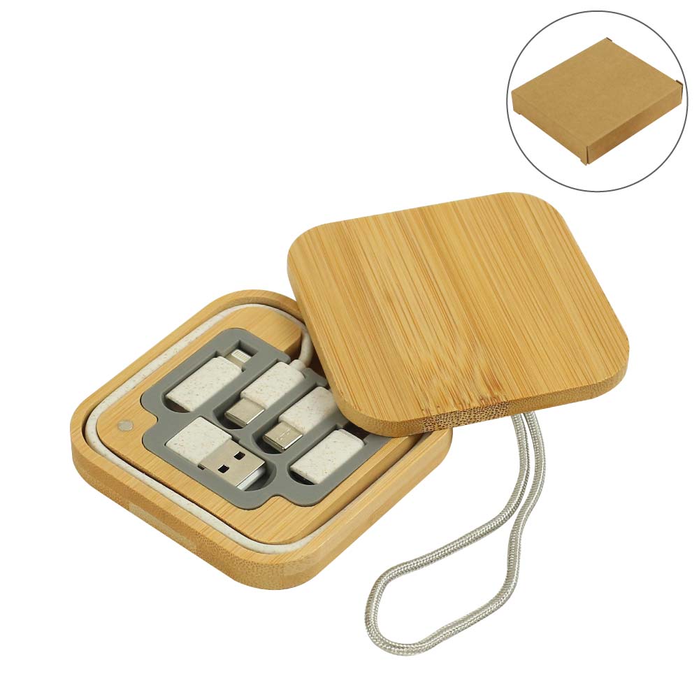 Custom Printed Multi - Charging Cable Set In Square Bamboo Case - Bamboo | Exhibitions, Conferences, Corporate Events | Yalla Printing UAE