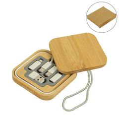 Custom Printed Multi - Charging Cable Set In Square Bamboo Case - Bamboo | Exhibitions, Conferences, Corporate Events | Yalla Printing UAE