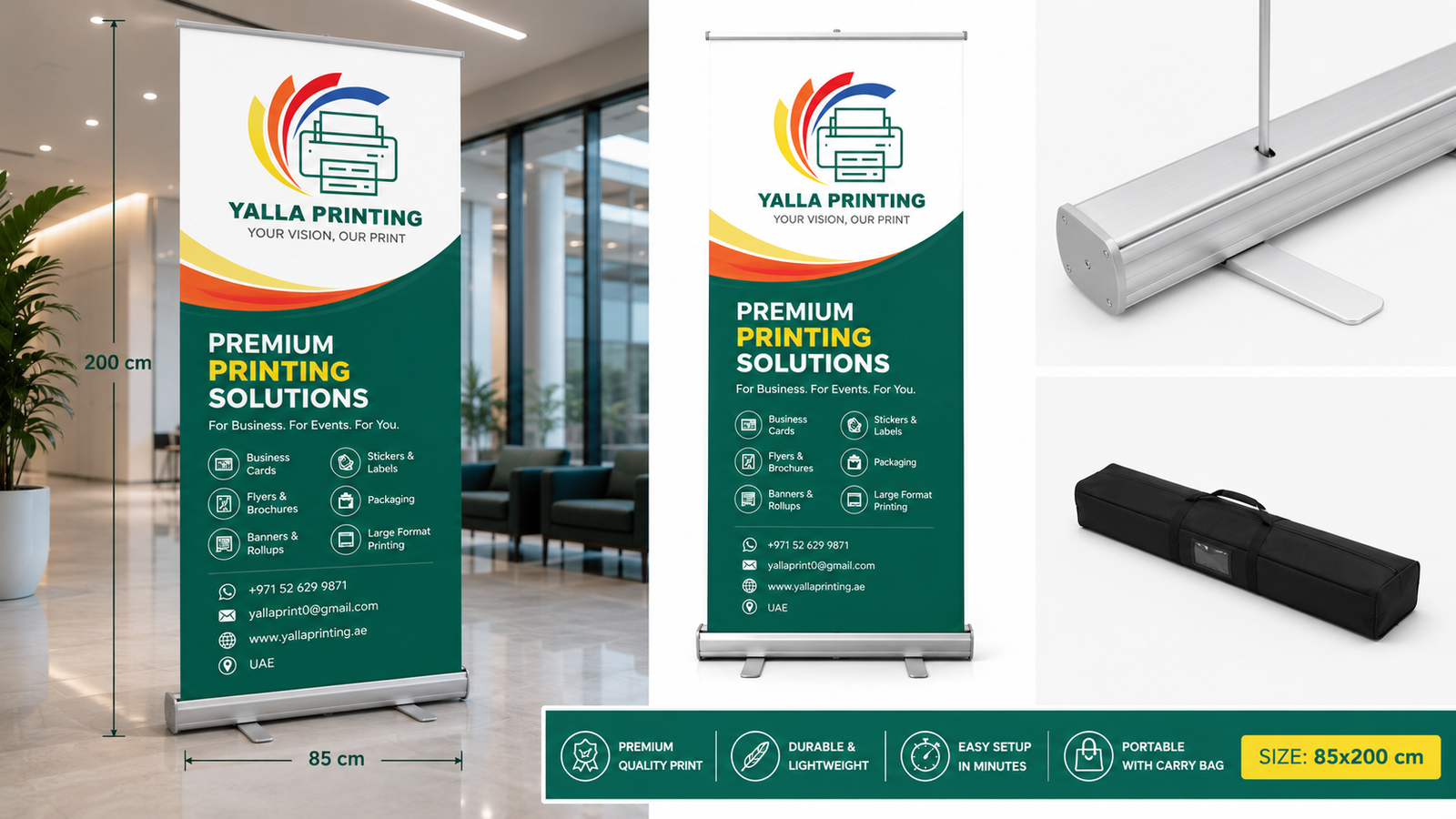 Custom Roll-Up Banner 85 × 200 cm with Portable Stand – Yalla Printing UAE
