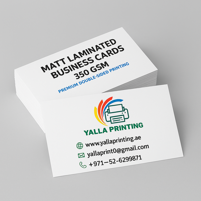 350 GSM Matt Laminated Business Cards – Premium Quality, Double-Sided Printing | Free Design | VAT & Delivery Included | Yalla Printing UAE