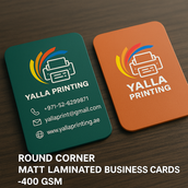 بطاقات أعمال مغلفة بطبقة غير لامعة بزوايا مستديرة – 400 جرام لكل متر مربع، جودة ممتازة، مطبوعة على الوجهين | خدمات تصميم مجانية | Yalla Printing