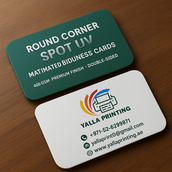 بطاقات أعمال مطفية بطبقة UV ذات زوايا مستديرة – 400 جرام لكل متر مربع، لمسة نهائية ممتازة، مطبوعة على الوجهين | خدمات تصميم مجانية | Yalla Printing