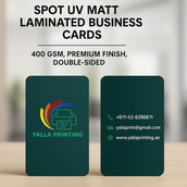 بطاقات أعمال مطفية بطبقة UV ذات زوايا مستديرة – 400 جرام لكل متر مربع، لمسة نهائية ممتازة، مطبوعة على الوجهين | خدمات تصميم مجانية | Yalla Printing