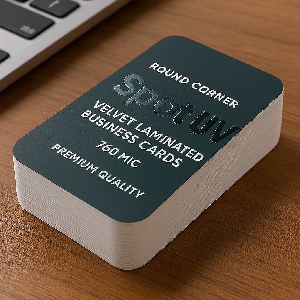 Round Corner Spot UV Velvet Laminated Business Cards – 760 Mic, Premium Quality | Free Design Services | Yalla Printing