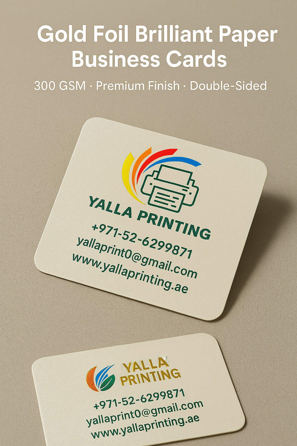 Gold Foil Brilliant Paper Business Cards – 300 GSM, Premium Finish, Double-Sided | Free Design Services | Yalla Printing