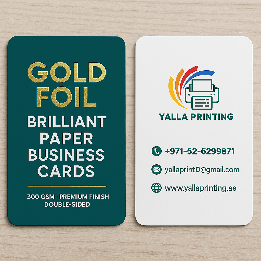 Gold Foil Brilliant Paper Business Cards – 300 GSM, Premium Finish, Double-Sided | Free Design Services | Yalla Printing