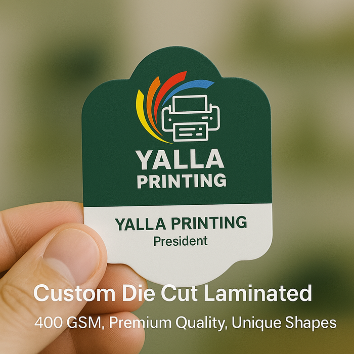 Custom Die-Cut Business Cards – 400 GSM | Matt Lamination | Unique Shapes & Premium Finish | Free Design by Yalla Printing UAE