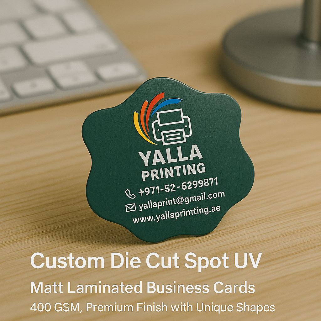 Custom Die Cut Spot UV Matt Laminated Business Cards – 400 GSM, Premium Finish with Unique Shapes | Free Design Services | Yalla Printing