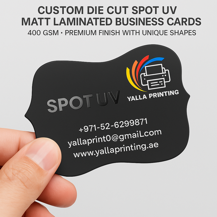 Custom Die Cut Spot UV Matt Laminated Business Cards – 400 GSM, Premium Finish with Unique Shapes | Free Design Services | Yalla Printing