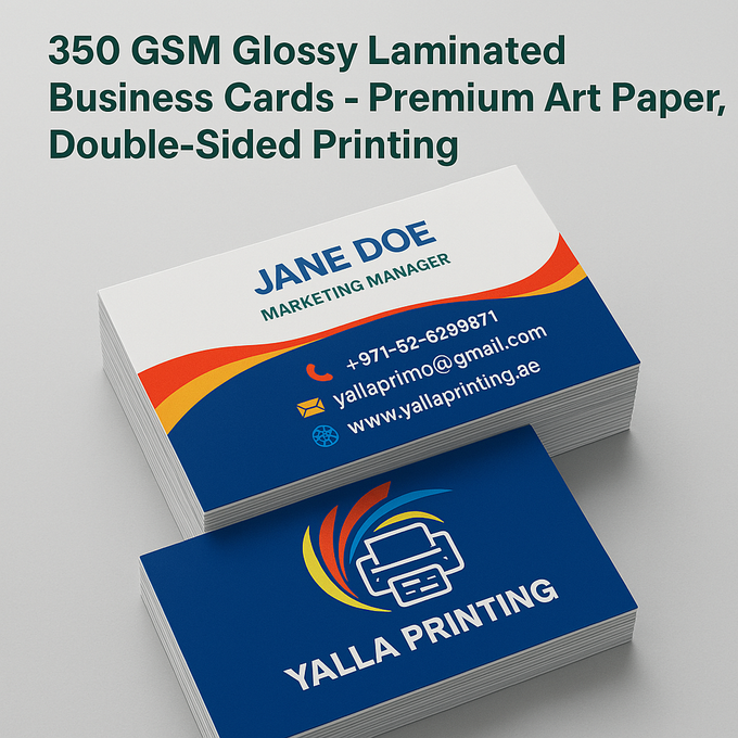 350 GSM Glossy Laminated Business Cards – Premium Art Paper, Double-Sided Printing | Free Design Services | Yalla Printing