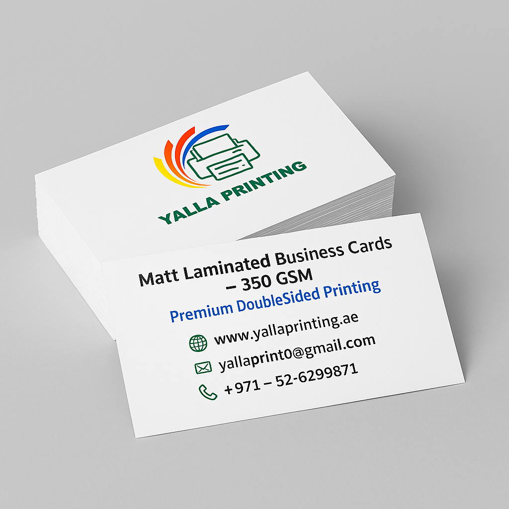 Matt Laminated Business Cards – 350 GSM | Premium Double-Sided Printing | Free Design Services | Yalla Printing