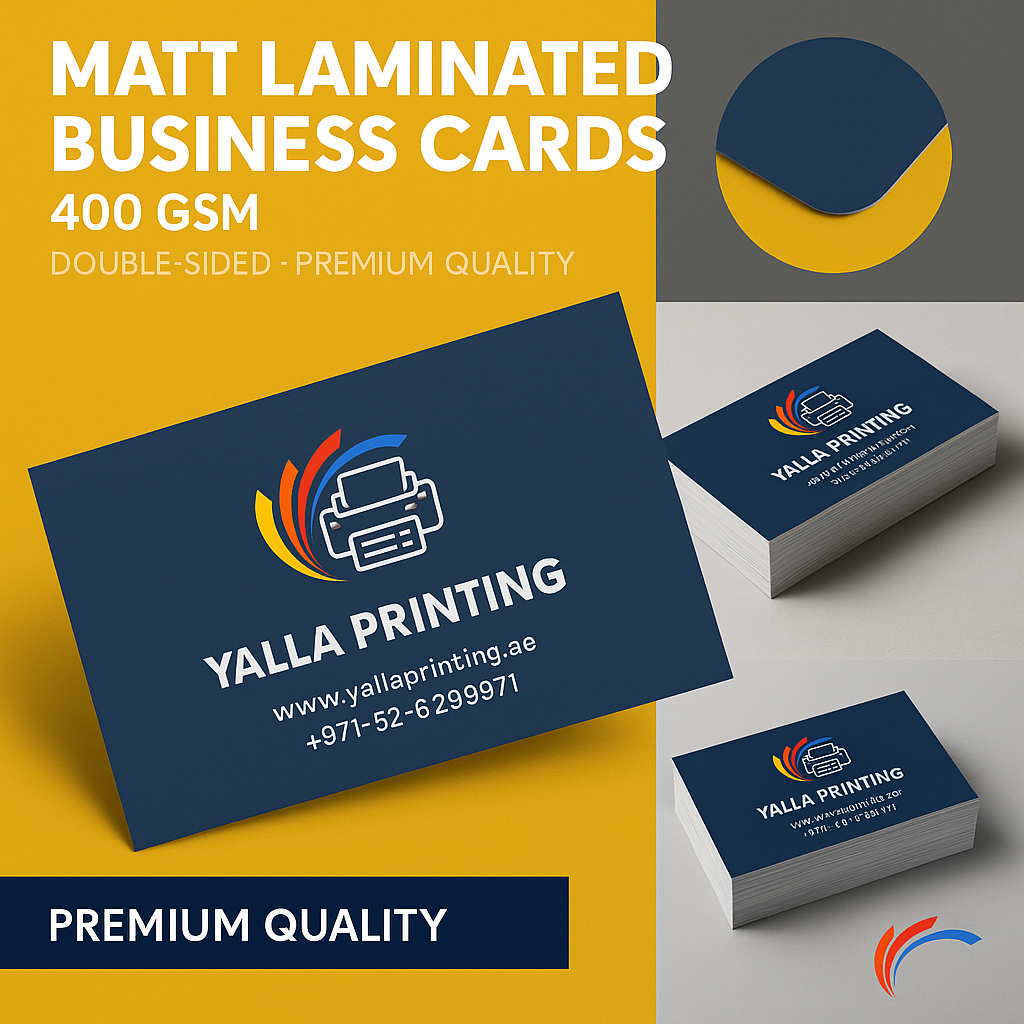 Matt Laminated Business Cards – 400 GSM, Double-Sided, Premium Quality | Free Design Services | Yalla Printing