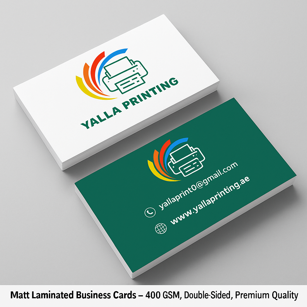 Matt Laminated Business Cards – 400 GSM, Double-Sided, Premium Quality | Free Design Services | Yalla Printing