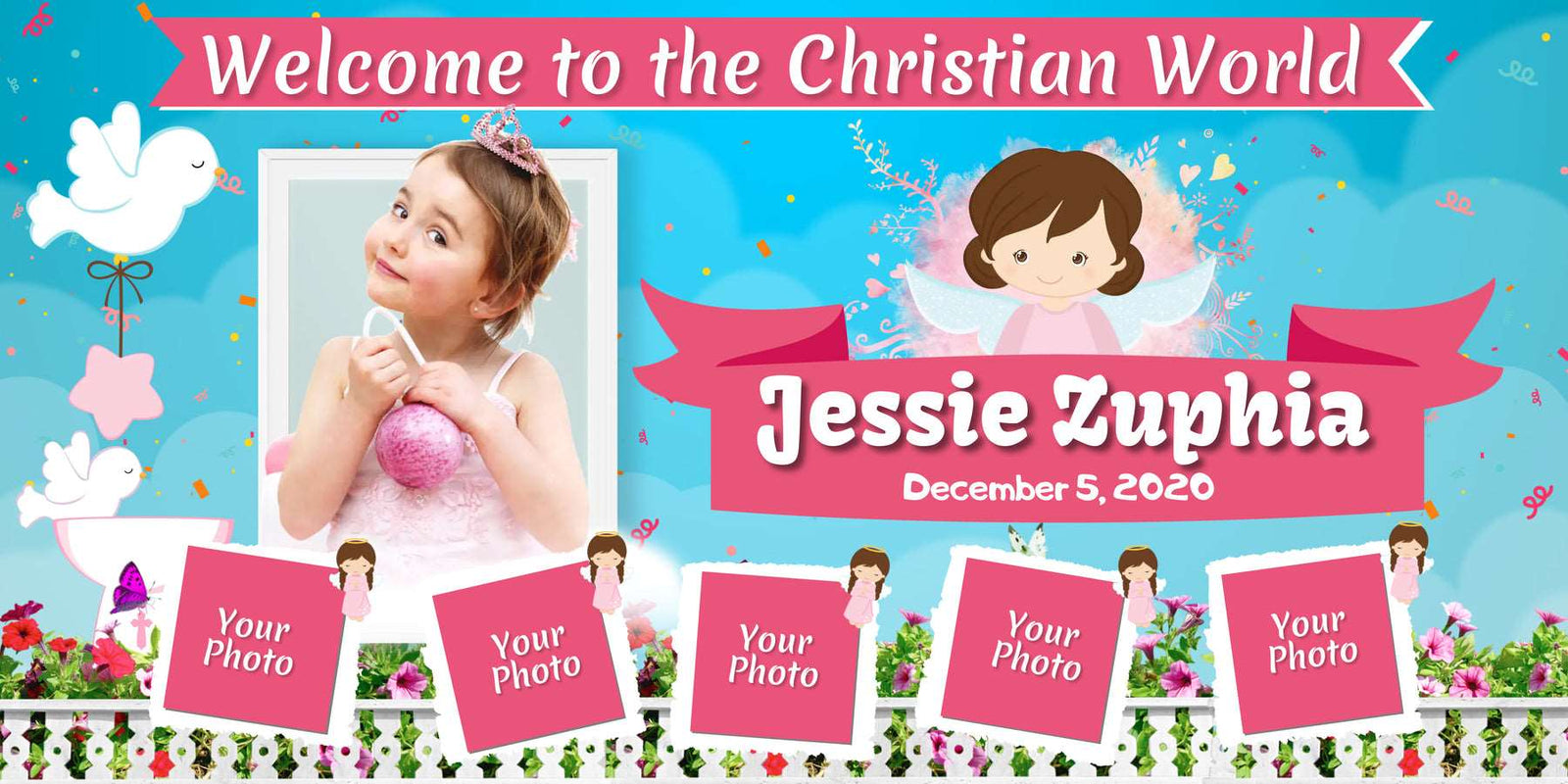Pink and Blue Flower & Butterfly Birthday Banner - Personalized Party Decor - Yalla Printing