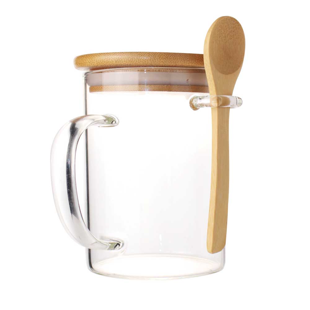 Clear Glass Mug with Bamboo Lid and Spoon – Yalla Printing UAE