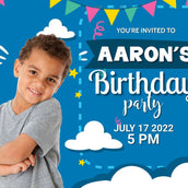 Blue Background Clouds Birthday Banner - Personalized Party Decor - Yalla Printing