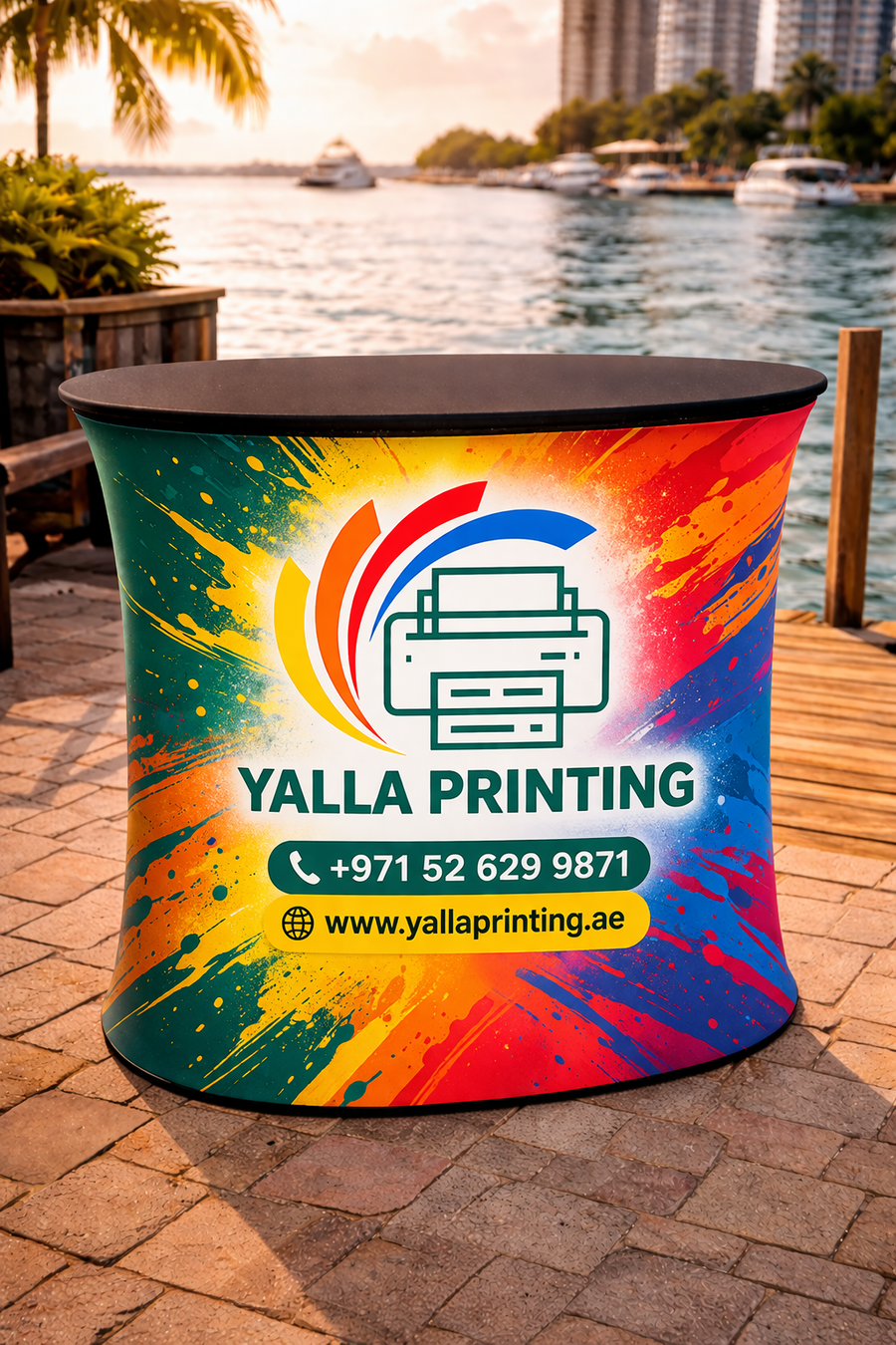 Custom Printed Hydraulic Tension Fabric Table 78 x 100 cm with Oval Table Top – Single Side Tension Fabric Display Counter | Logo Branding Corporate Gift | UAE Delivery | Yalla Printing UAE