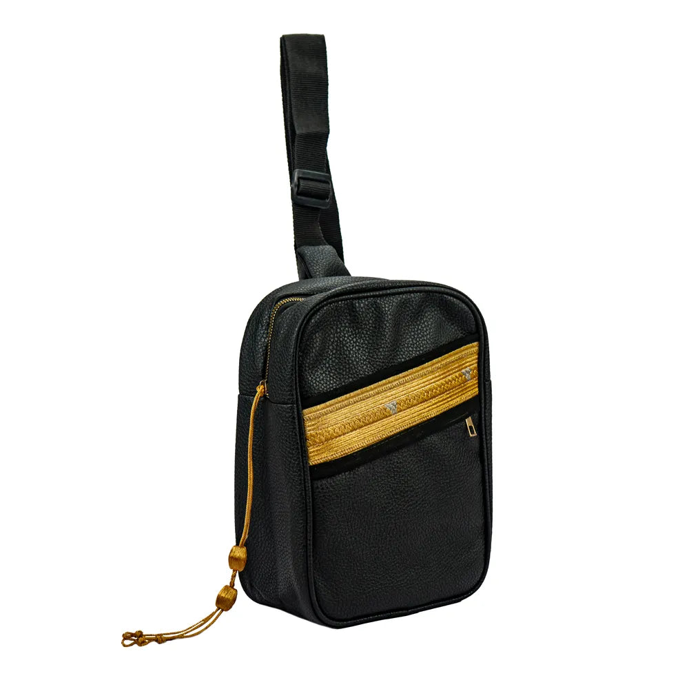 Custom Printed Crossbody Bag in PU Leather with Arabic Traditional Gold Bisht Design