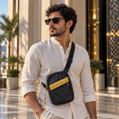Custom Printed Crossbody Bag in PU Leather with Arabic Traditional Gold Bisht Design