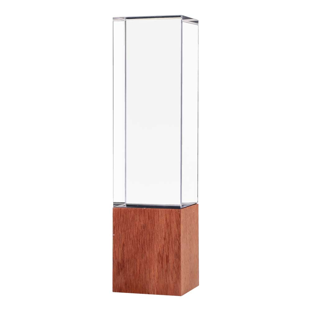 Custom Printed Cuboid Shaped Crystal Awards With Wooden Base | Custom Packaging Printing | Free Design Support | Yalla Printing UAE