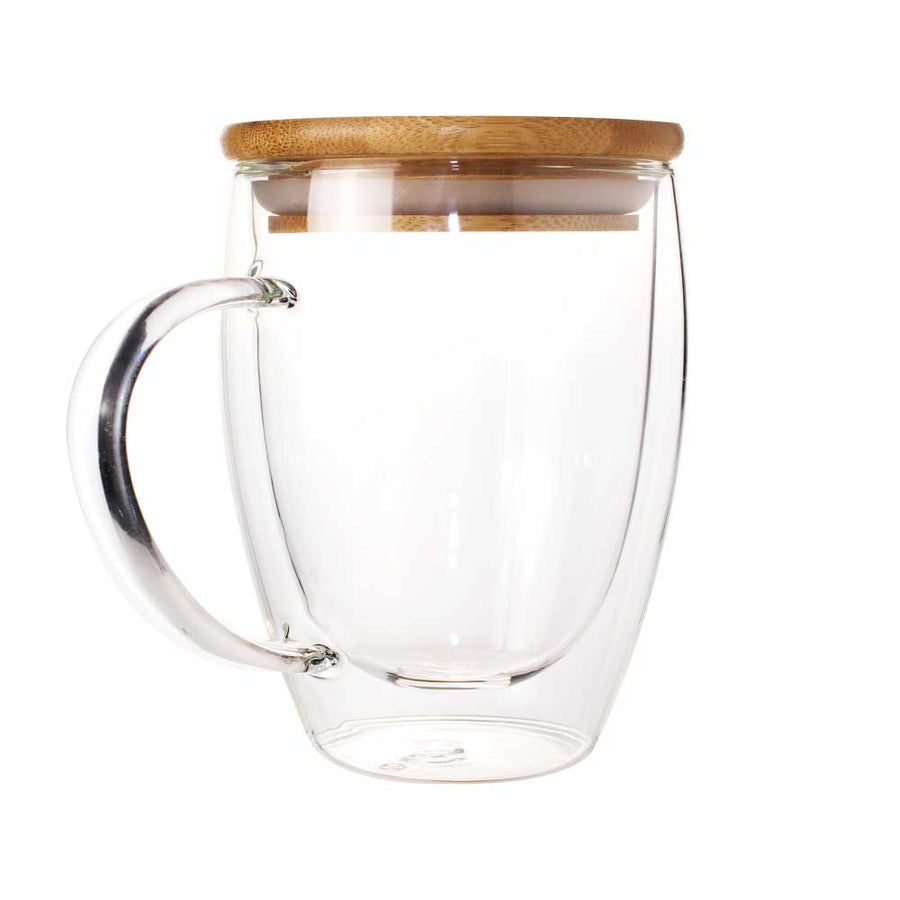 Double Wall Clear Glass Mug With Bamboo Lid | Logo Branding Corporate Gift | UAE Delivery | Yalla Printing UAE