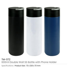 Custom Printed Double Wall Ss Bottle, Twist - Off Lid With Phone Holder 600 Ml - Stainless Steel | Logo Branding Corporate Gift | UAE Delivery | Yalla Printing UAE